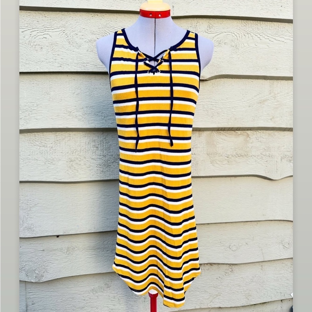 Yellow Navy Striped Ribbed Lace Up Tank Dress Small